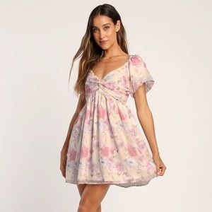 Cream Floral Print Puff Sleeve Mini Dress